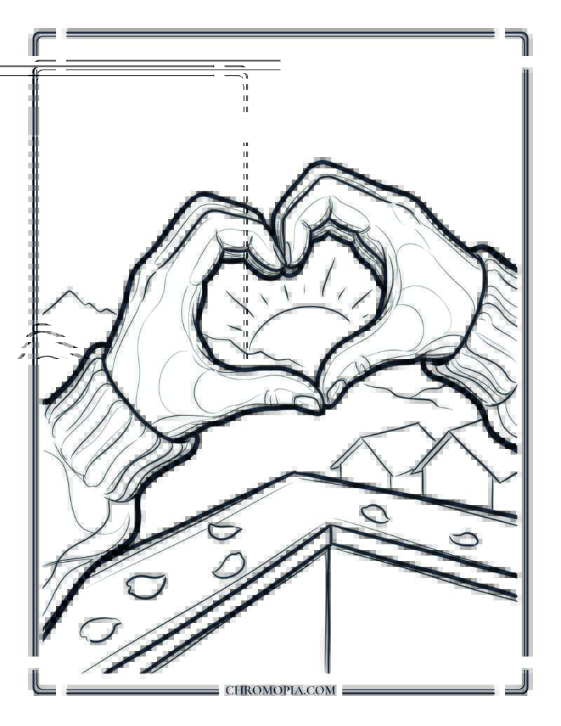 Heart Hands Winter Sunrise Coloring Page