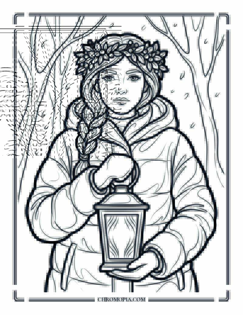 Lantern Girl In Snow Forest Coloring Page