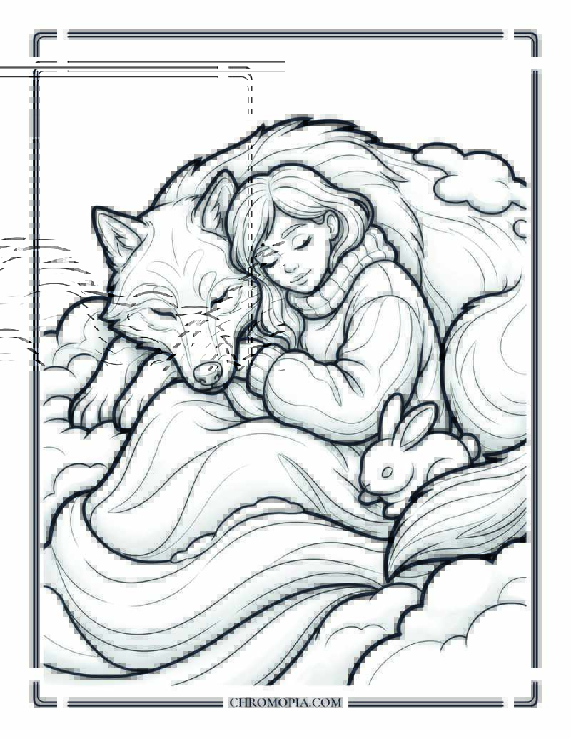 Sleeping Girl With Winter Wolf Coloring Page