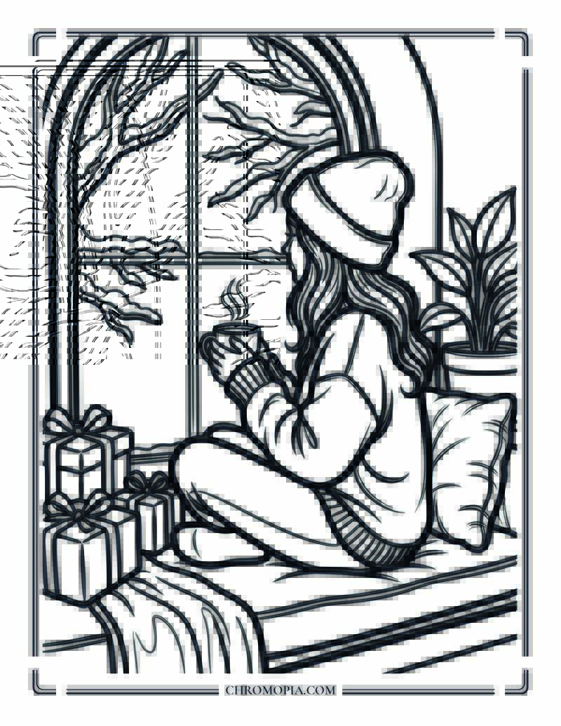 Soulful Winter Window Reflection Woman Coloring Sheet