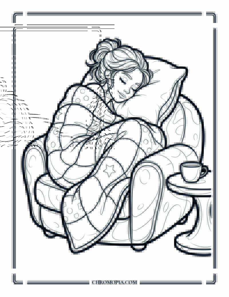 Woman Sleeping In Patchwork Quilt Coloring Page