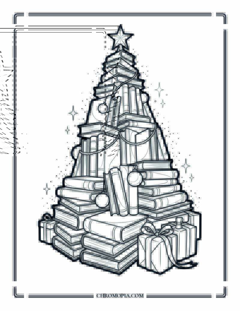 Book Lovers Christmas Tree Coloring Page