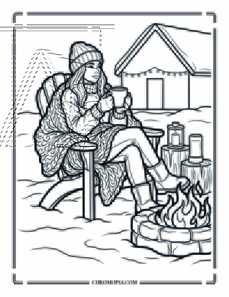 Cozy Cabin Firepit Evening Woman Coloring Page