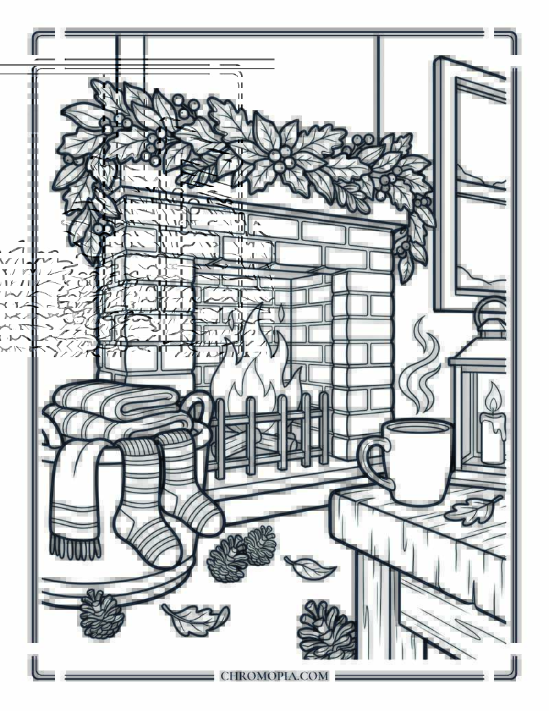 Cozy Fireplace Comfort Scene Coloring Sheet