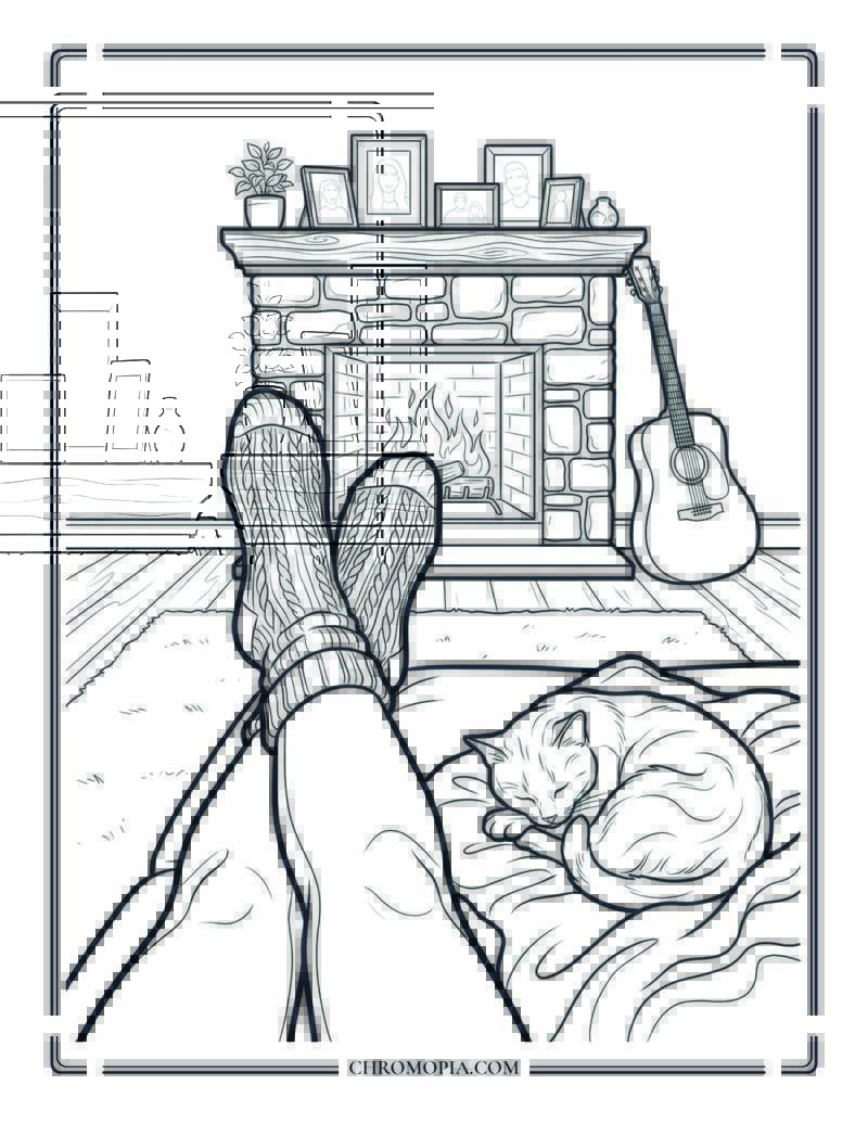 Cozy Fireplace Relaxation POV Woman Coloring Sheet