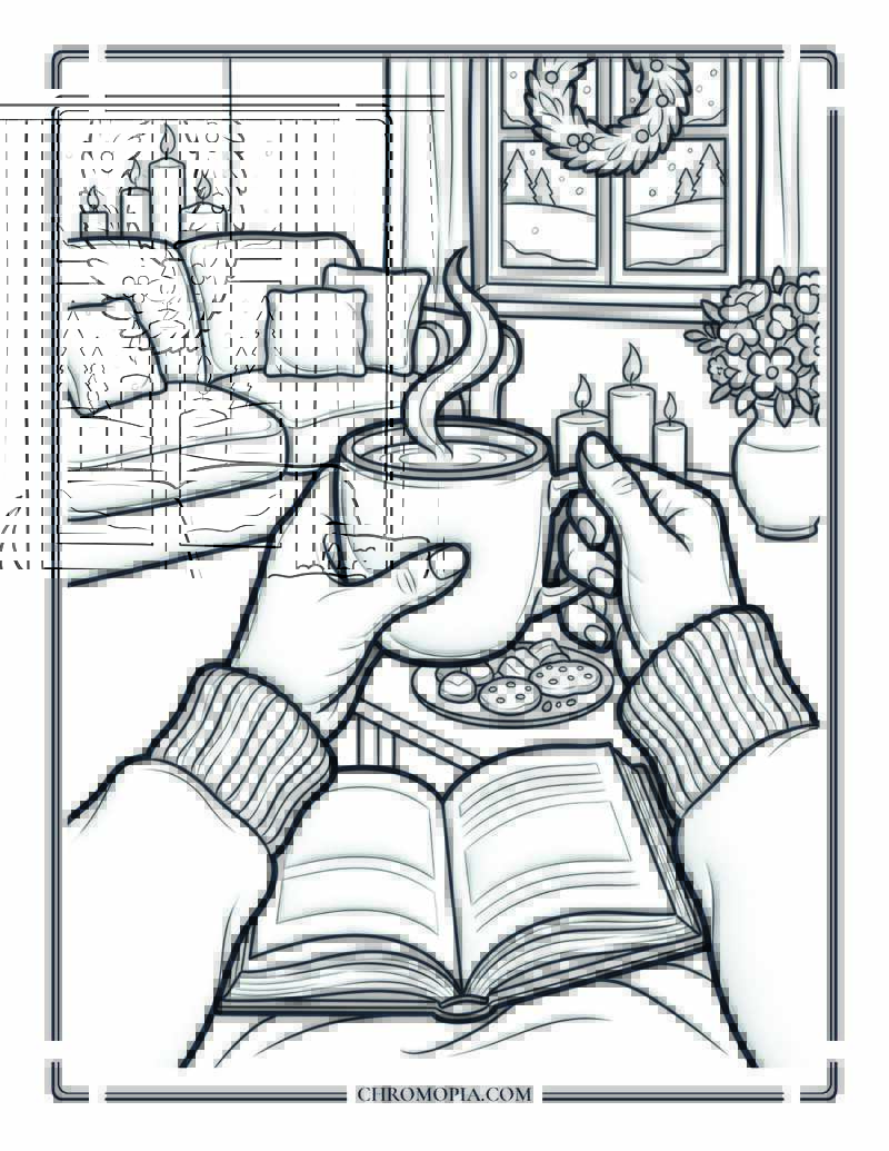 Cozy Reading And Cocoa Evening Woman Coloring Page