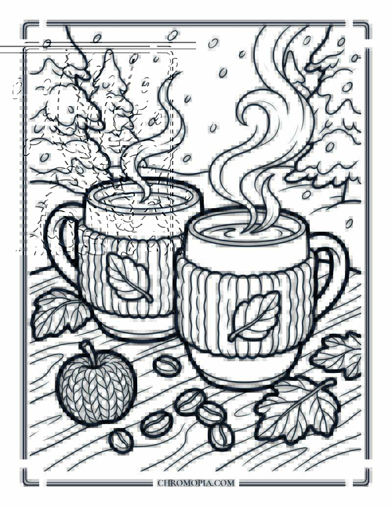 Twin Cozy Winter Coffee Cups Coloring Page