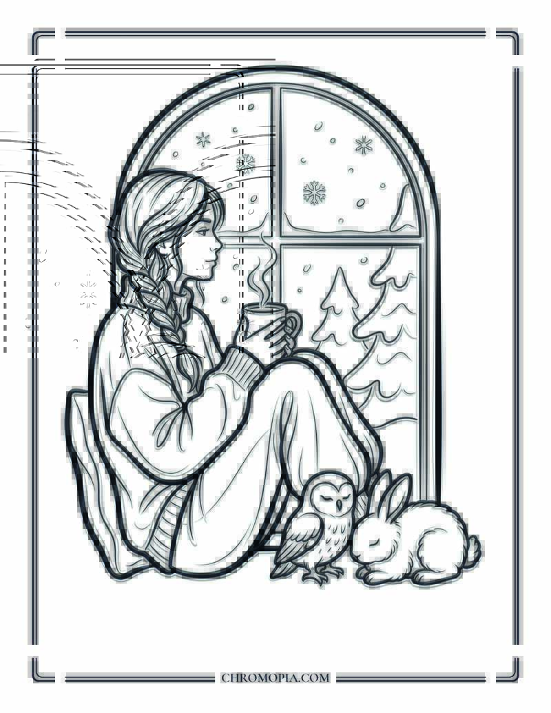 Window Reflection Cozy Girl Coloring Sheet