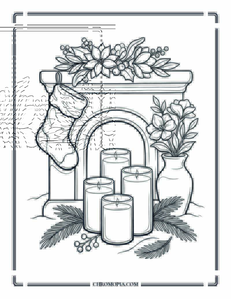 Winter Fireplace Candles And Florals Coloring Page