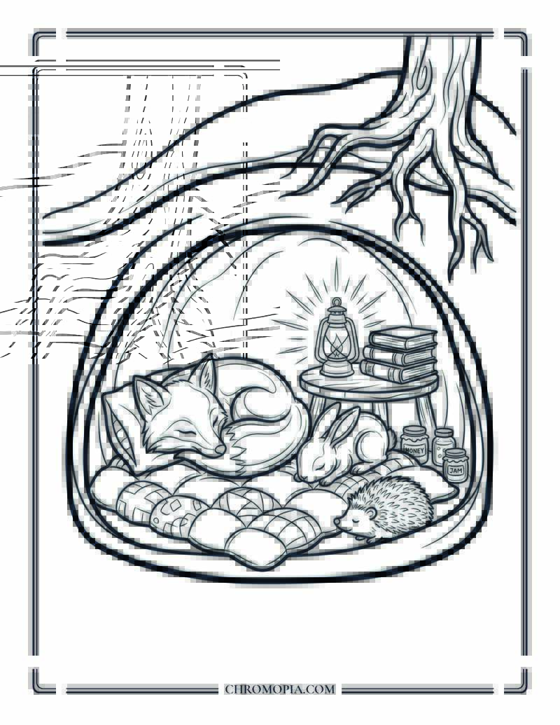 Cozy Winter Burrow Animal Sleep Scene Coloring Page
