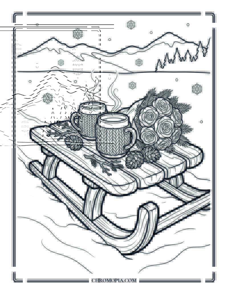 Cozy Winter Sled Coffee And Roses Coloring Page