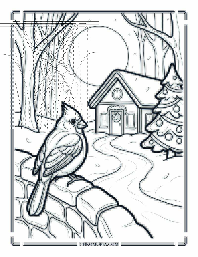 Moonlit Winter Cabin With Cardinal Bird Coloring Sheet
