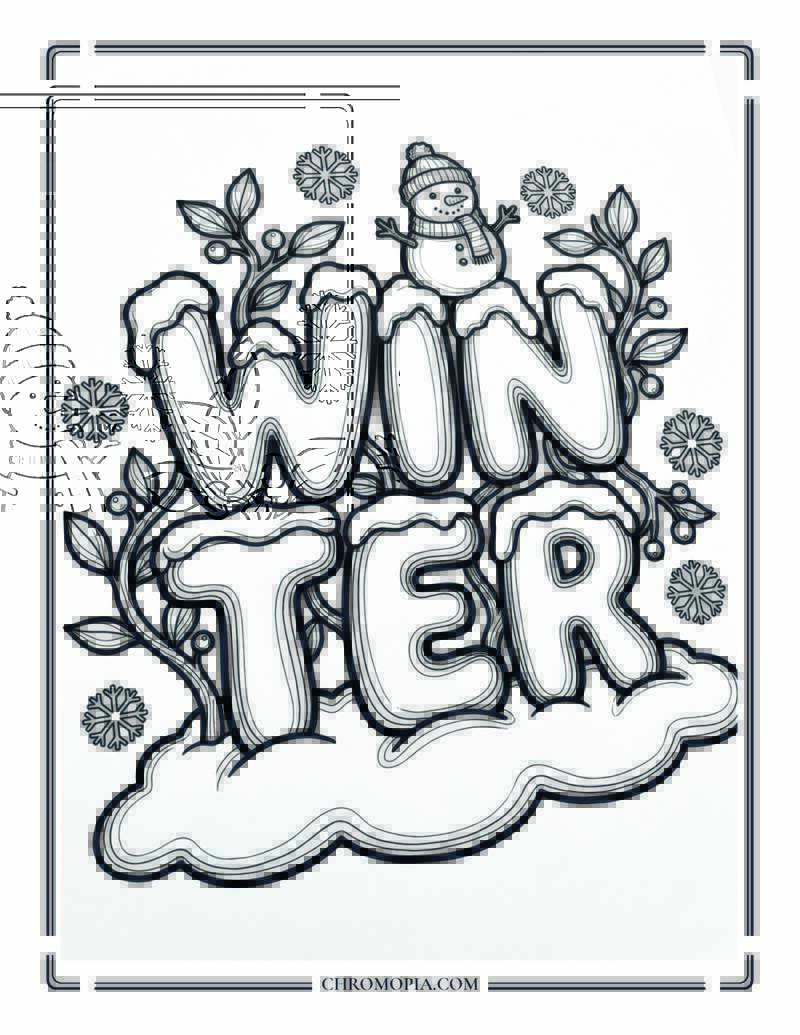 Puffy Winter Typography With Snowman Coloring Page