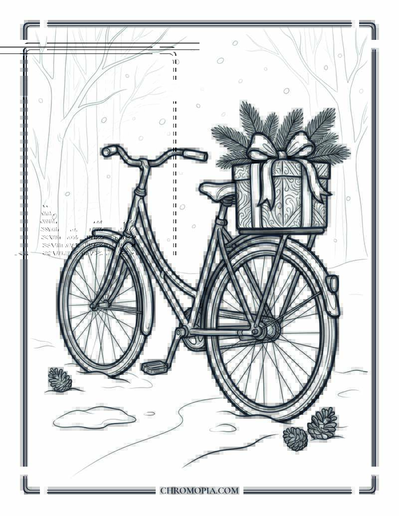 Snowy Bicycle With Holiday Gift Coloring Page