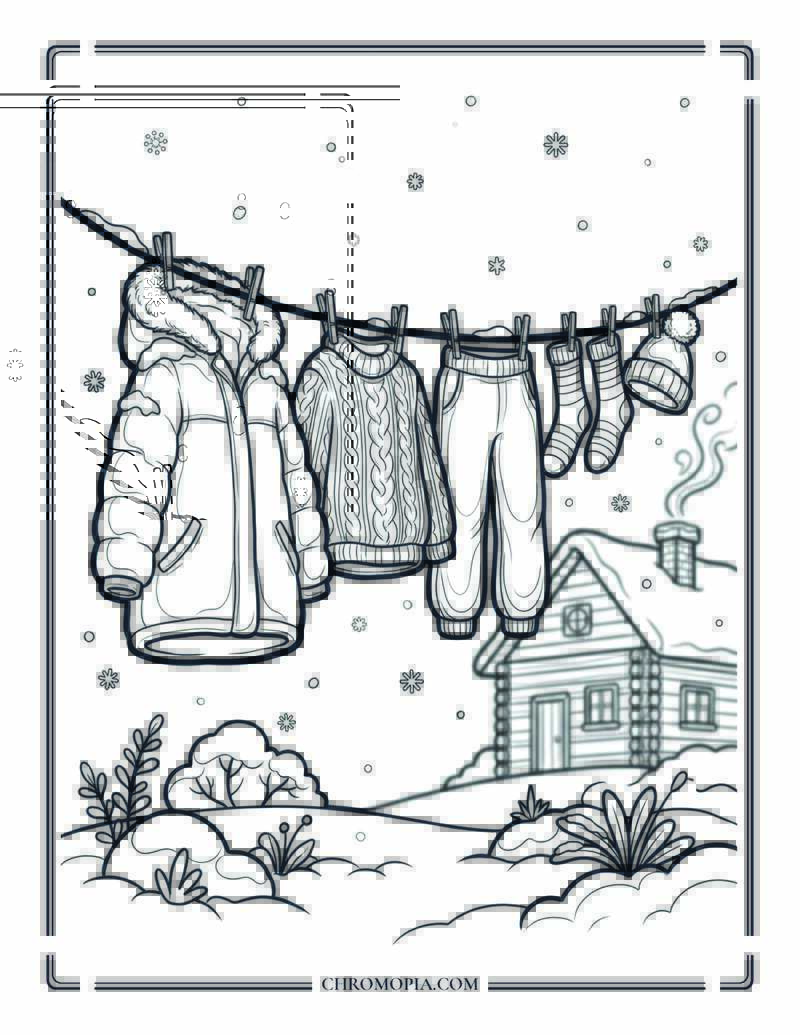 Snowy Winter Clothesline Scene Coloring Page