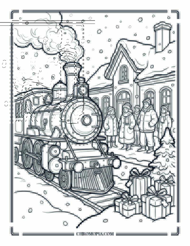 Vintage Winter Train Station Coloring Sheet