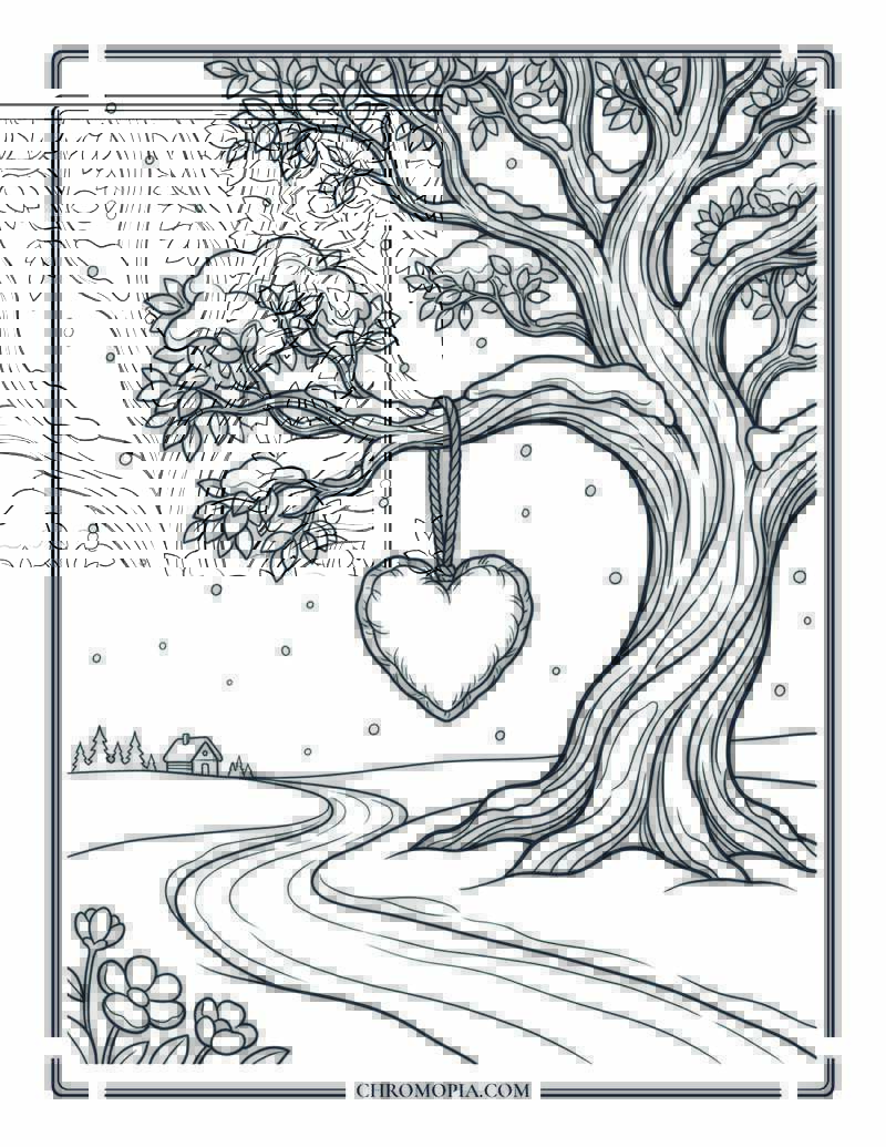 Winter Love Tree With Hanging Heart Ornament Coloring Sheet