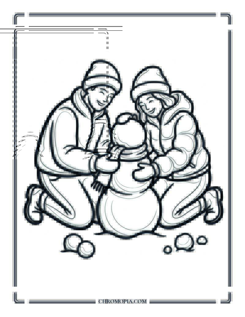 Couple Building Snowman Together Coloring Page