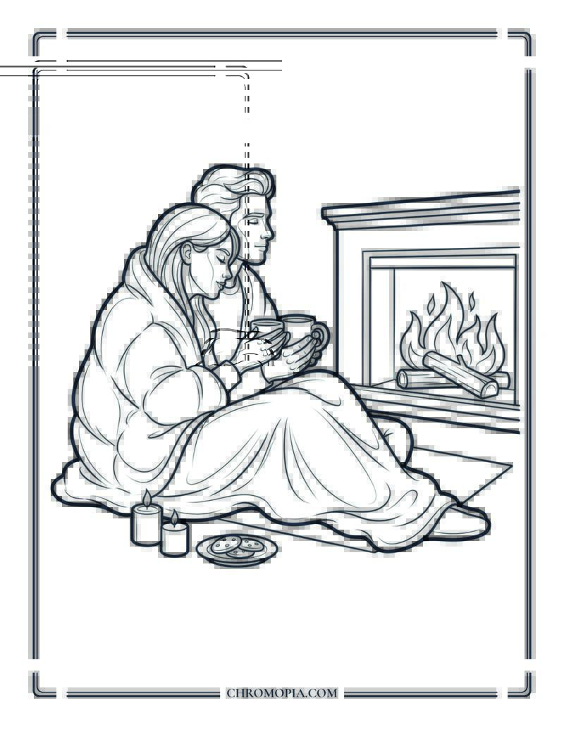 Fireplace Couple Cozy Self Care Scene Coloring Page