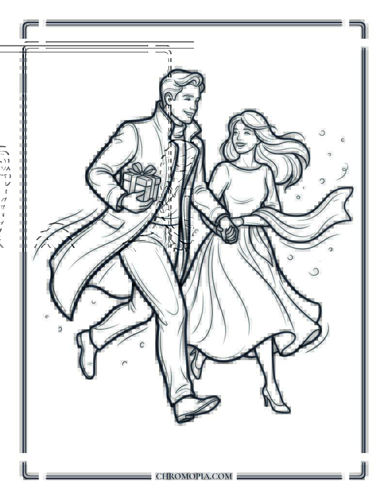 Running Together In Snow Vintage Romance Coloring Page