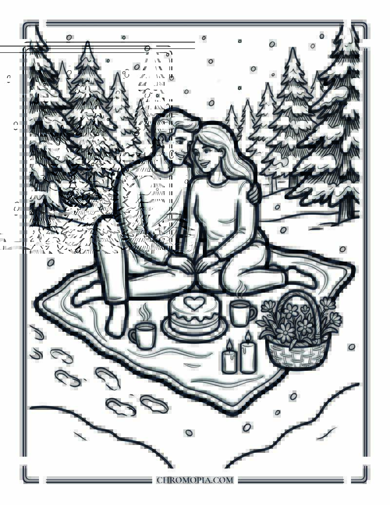 Winter Picnic Romantic Self Care Scene Coloring Page