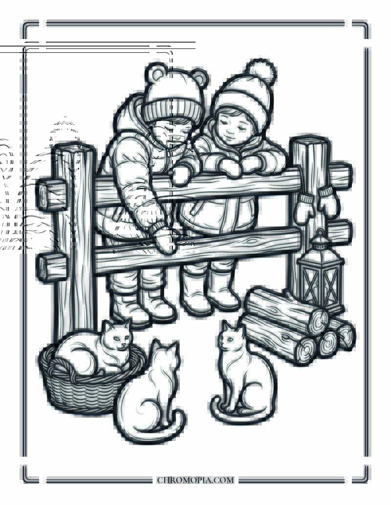 Cozy Fence Kids And Cats Winter Scene Coloring Page