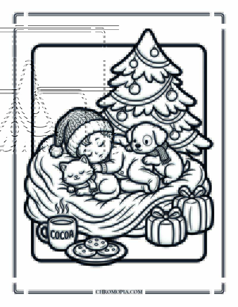 Cozy Sleeping Baby And Pets Under Christmas Tree Coloring Page