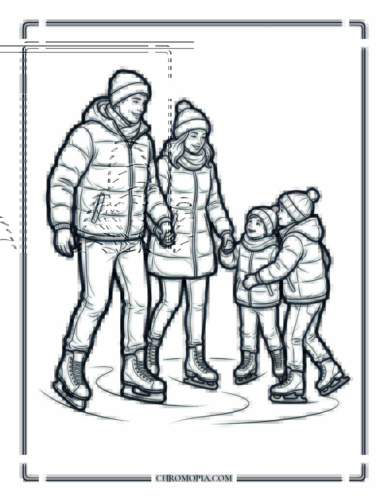 Family Ice Skating Bond Scene Coloring Sheet