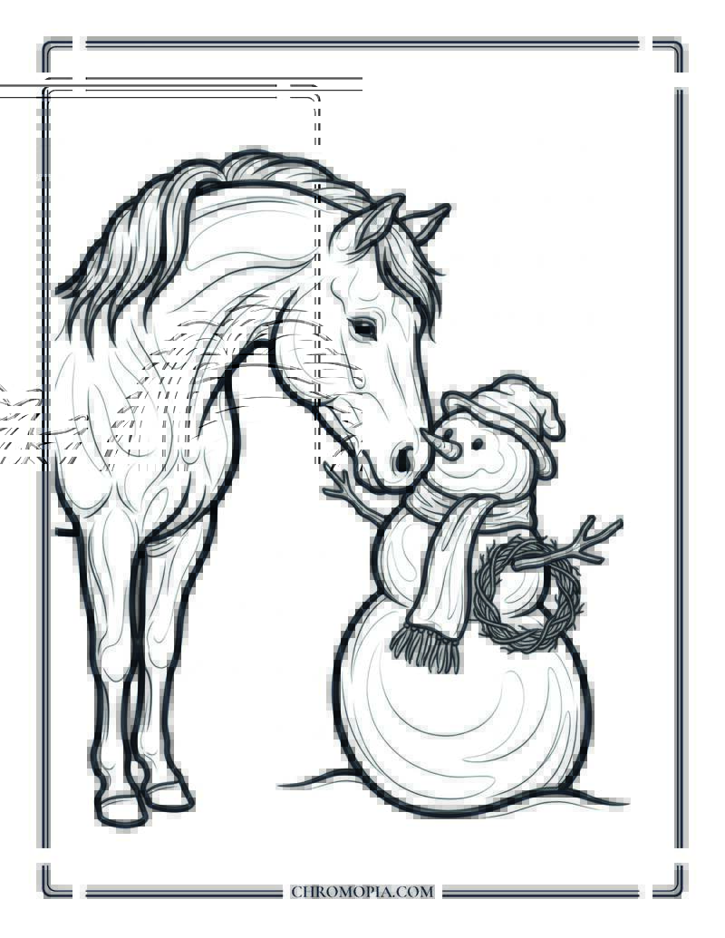 Gentle Horse And Snowman Bond Coloring Sheet