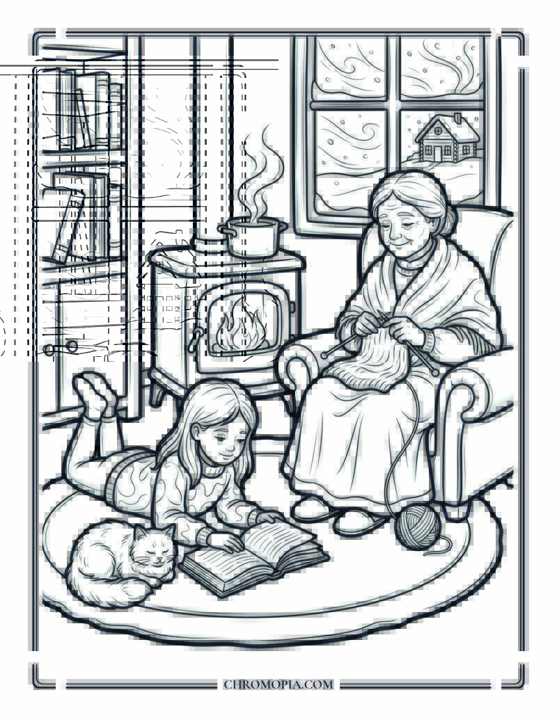 Grandmother And Child Winter Hearth Moment Coloring Page