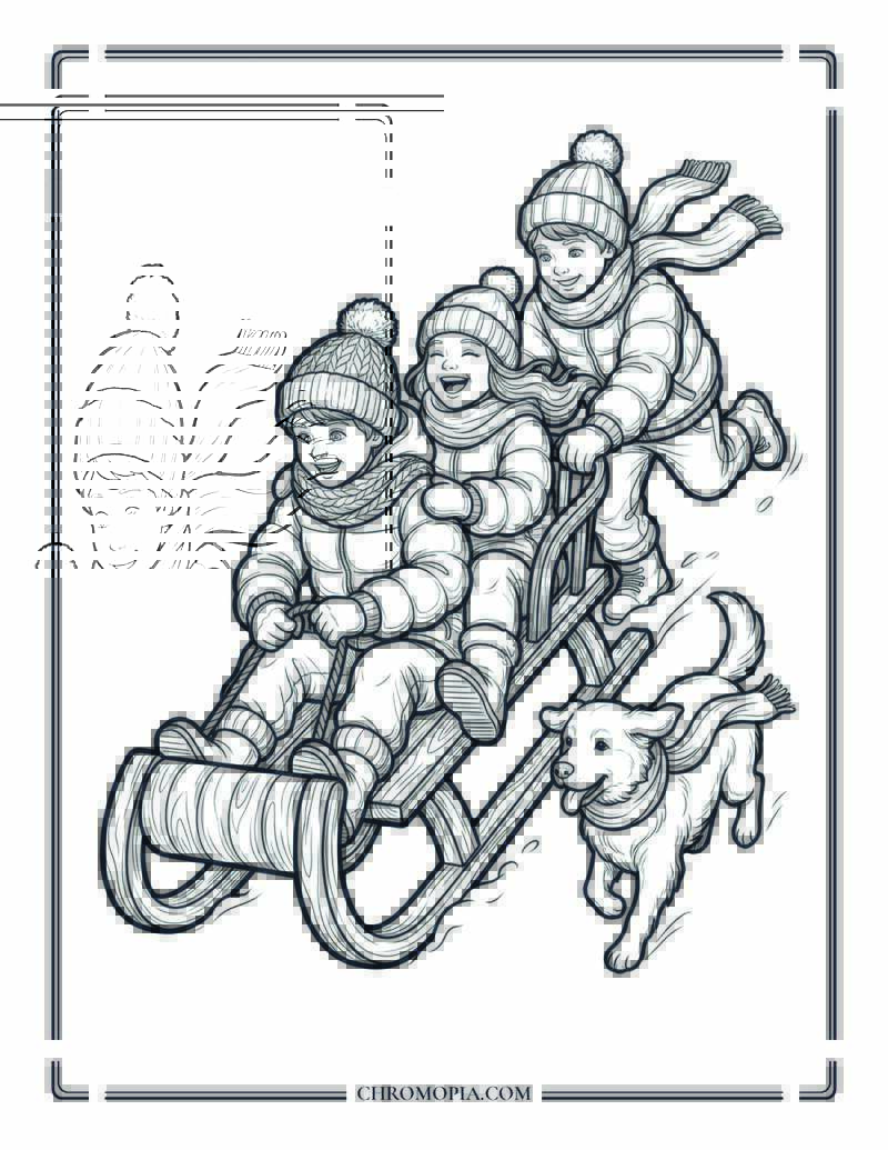 Joyful Sled Ride Motion Kids Coloring Sheet