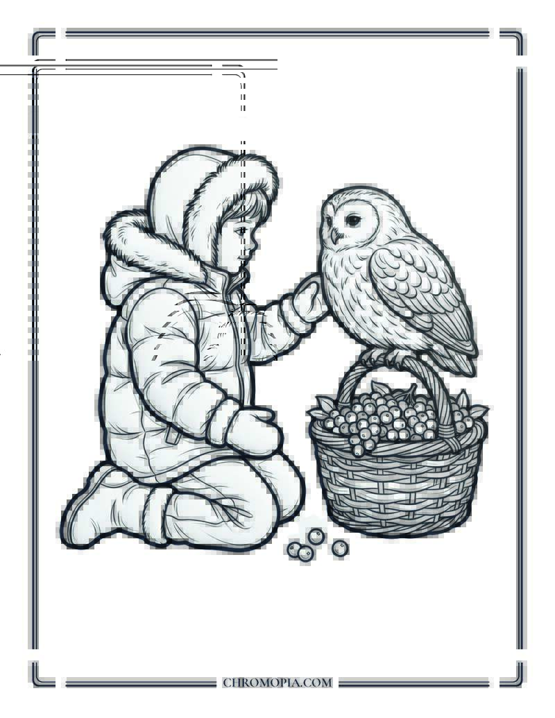 Little Girl Feeding Owl Winter Coloring Page