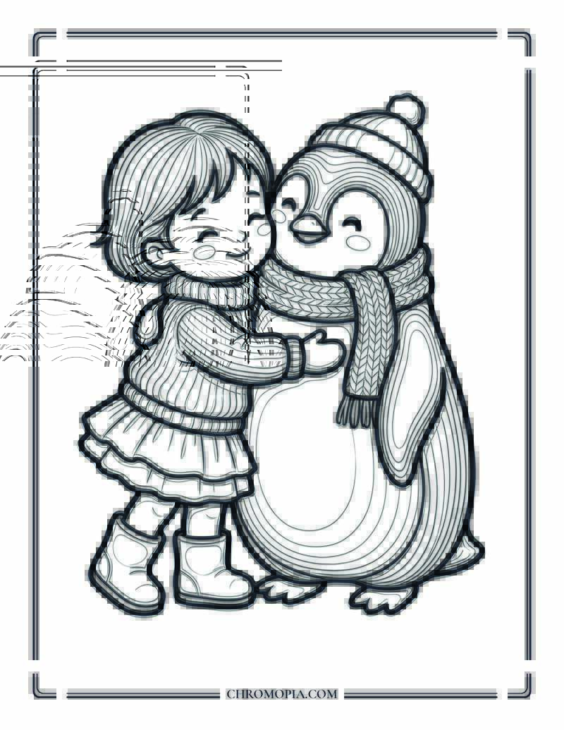 Little Girl With Winter Monkey Friends Coloring Page