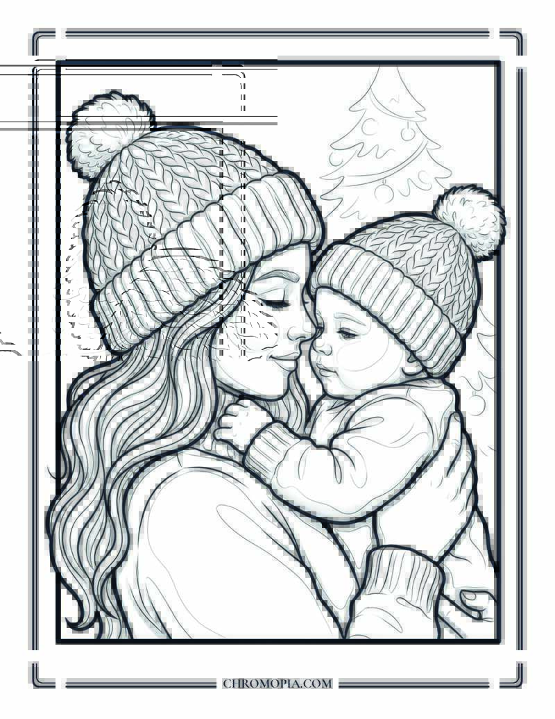Mother And Baby Winter Tender Moment Coloring Page