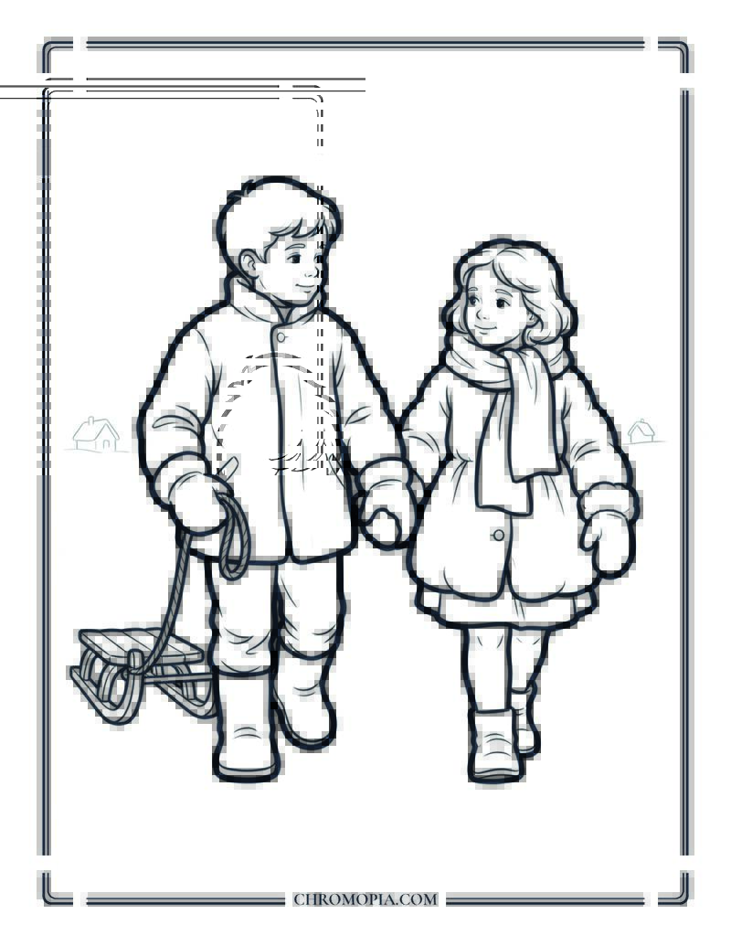 Nostalgic Winter Walk Children Coloring Page