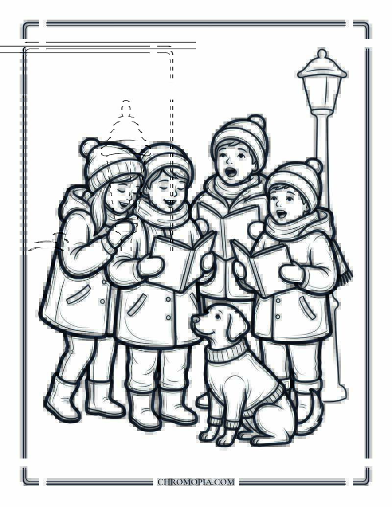 Winter Carol Singing Kids Group Coloring Page