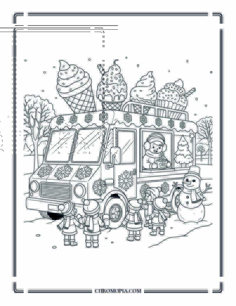 Hello Kitty Ice Cream Truck In Snowy Park Winter Coloring Page