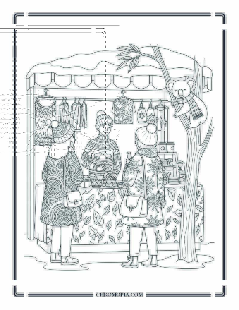 Australian Winter Farm Market With Indigenous Decor Coloring Page