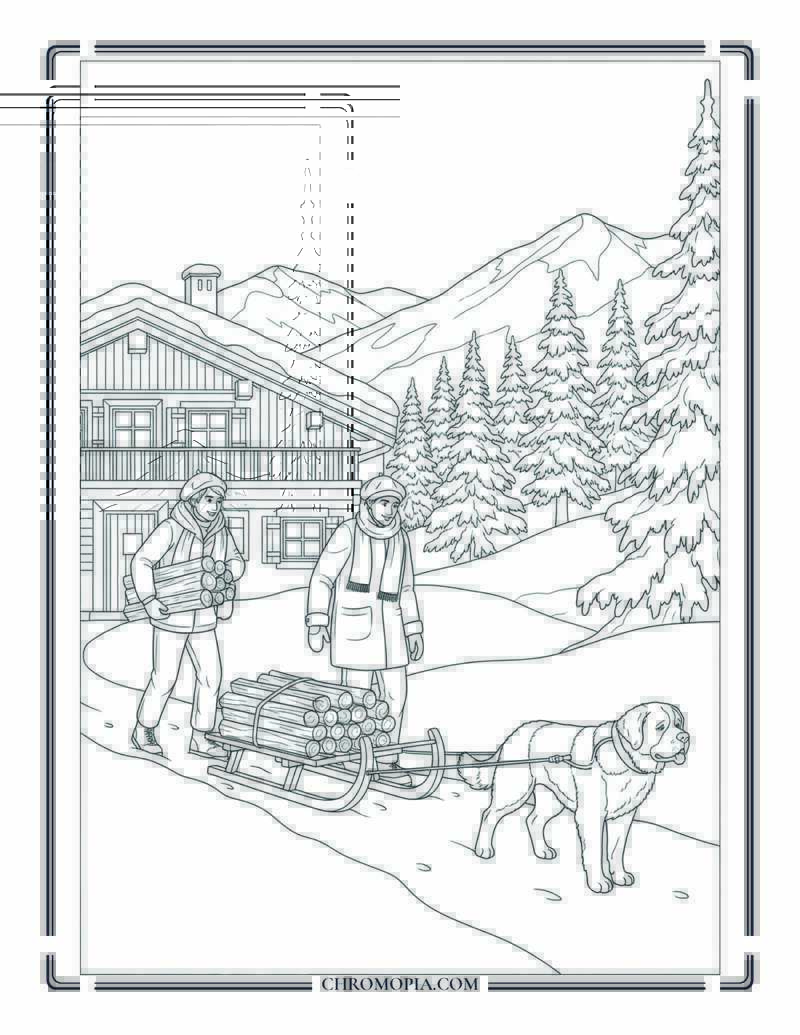 French Alps Chalet Firewood Gathering European Coloring Page