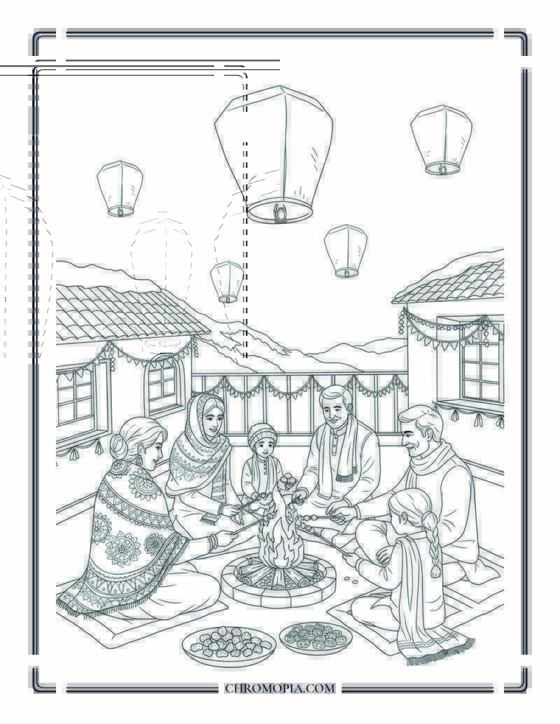 Indian Winter Terrace Bonfire Celebration Cultural Coloring Page