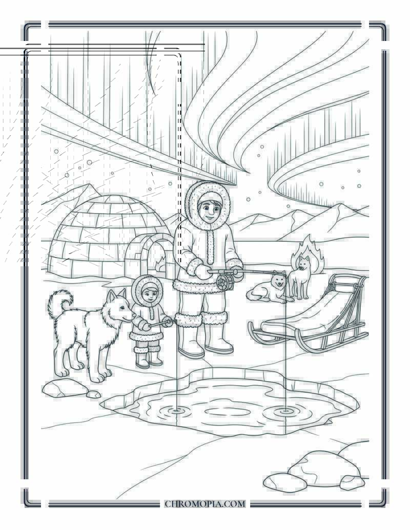 Inuit Family Ice Fishing In Arctic Circle Coloring Page