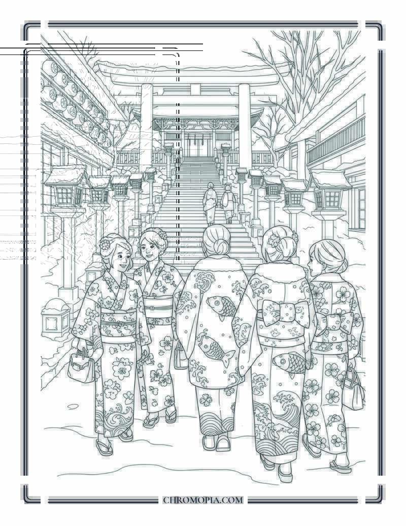Japanese Winter Street Festival With Yukata And Snow Lanterns Coloring Page