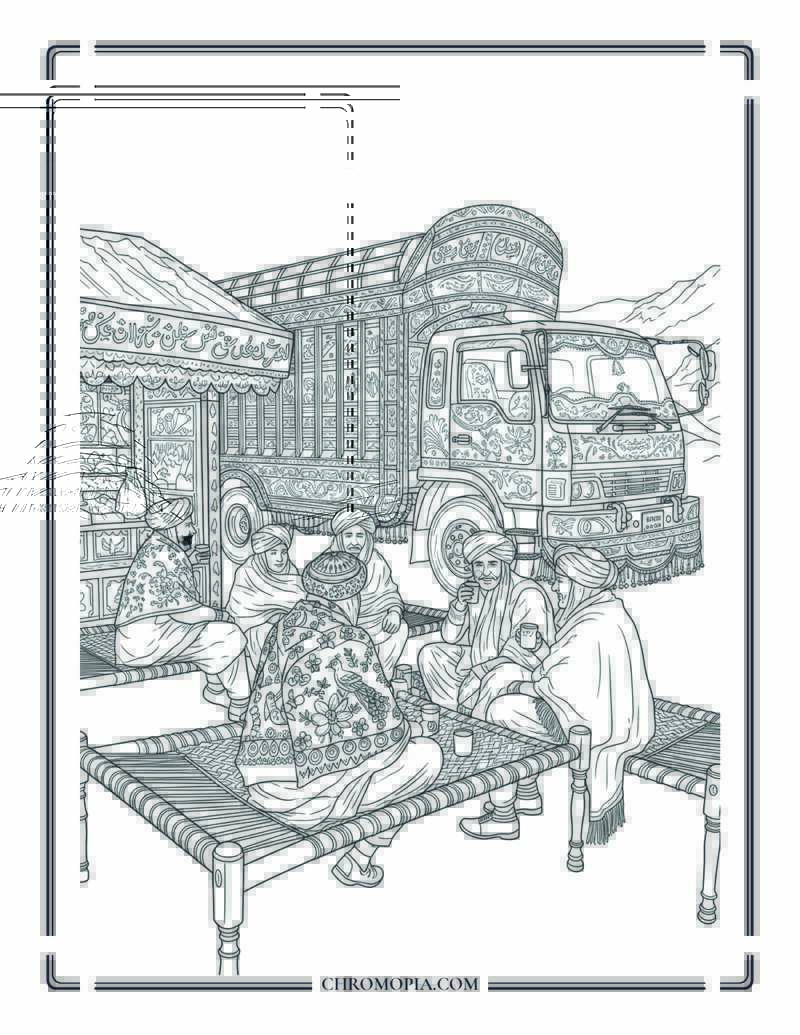 Pakistani Winter Truck Stop Chai Scene Cultural Coloring Page