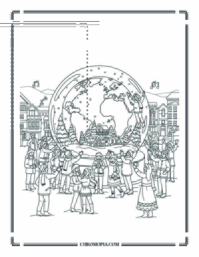 People From All Continents Building A Snow Globe Together Coloring Page