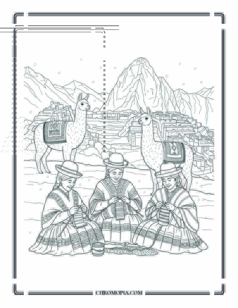Peruvian Andes Knitting Circle In Winter Ruins Coloring Page