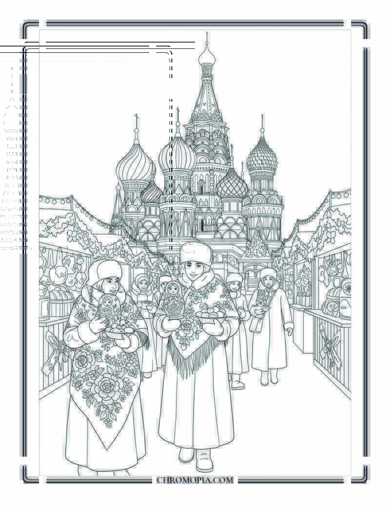 Russian Winter Market In Red Square Traditional Coloring Page