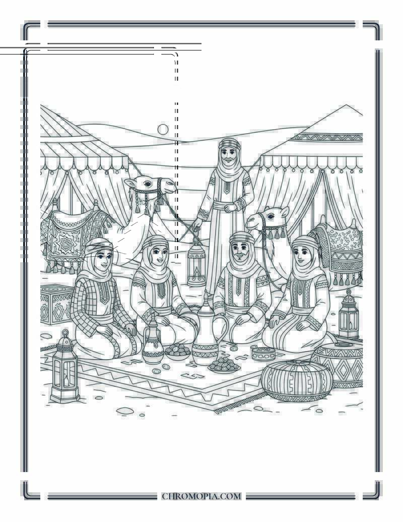 Saudi Arabian Winter Desert Camp Middle Eastern Coloring Page