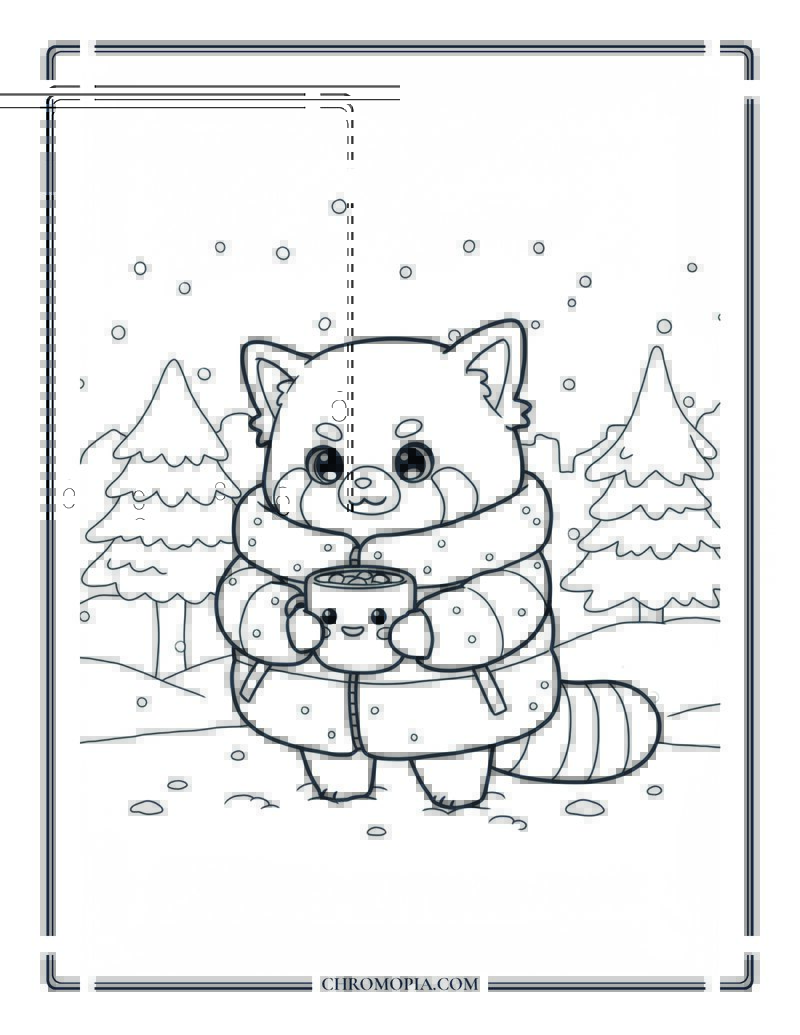 Penguin Family In Parkas Under Northern Lights Winter Coloring Page