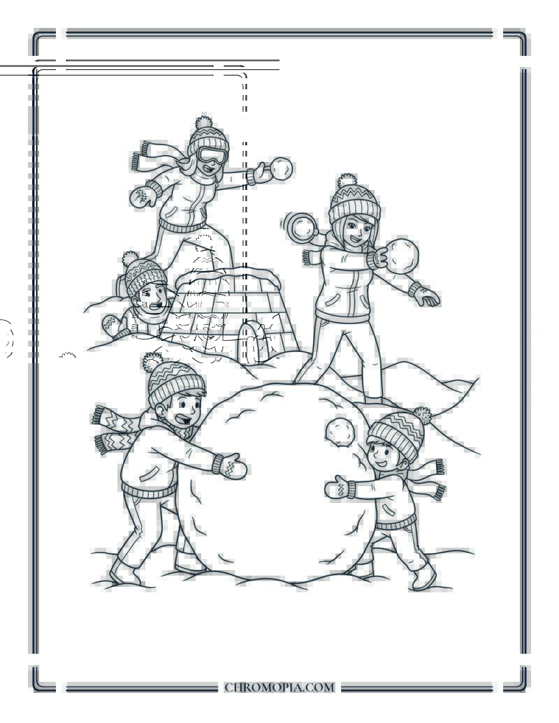 Childrens Winter Coloring Page With Family Snow Fight