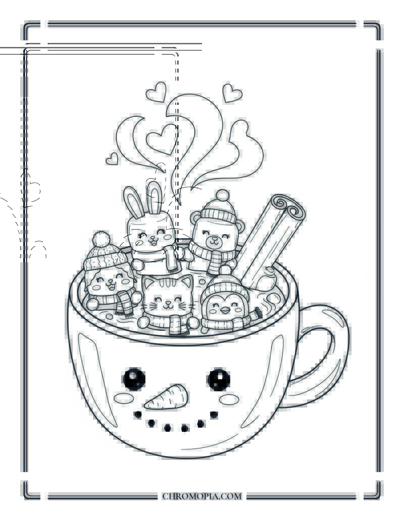 Hot Cocoa Coloring Sheet With Marshmallow Animals